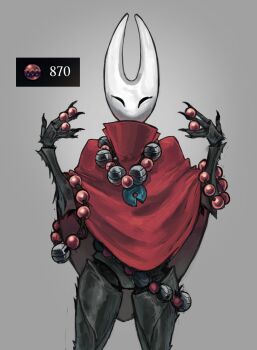 1girl arm_hair arthropod_girl bead_necklace beads bug cloak closed_eyes game_screenshot_inset highres hollow_knight hollow_knight:_silksong hornet_(hollow_knight) jewelry looking_at_viewer mask money necklace rosary shl_shalopai simple_background solo