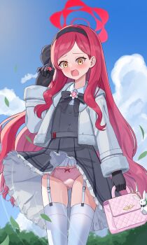 1girl absurdres bag black_gloves black_hairband blue_archive blush day dress frilled_dress frills gloves grey_dress hairband halo happycloud highres holding holding_bag jacket long_hair long_sleeves open_clothes open_jacket open_mouth outdoors panties pink_panties red_hair red_halo solo takane_(blue_archive) thighhighs underwear white_jacket white_thighhighs wind wind_lift yellow_eyes