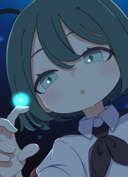 Rule 34 | 1girl, absurdres, antennae, black ribbon, blush, collared shirt, commentary, double-parted bangs, fireflies, green eyes, green hair, highres, kame (kamepan44231), neck ribbon, night, open mouth, outdoors, ribbon, shirt, short hair, short sleeves, solo, touhou, white shirt, wriggle nightbug