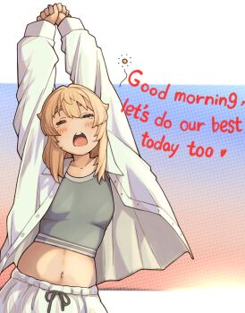 1girl absurdres arms_up blonde_hair blush breasts bridget_(guilty_gear) closed_eyes collarbone cowboy_shot crop_top english_text facing_viewer genderswap genderswap_(mtf) guilty_gear guilty_gear_strive highres long_hair long_sleeves medium_breasts midriff navel open_clothes open_mouth open_shirt shirt solo squeans sugajyun tears teeth tongue upper_teeth_only waking_up white_shirt yawning