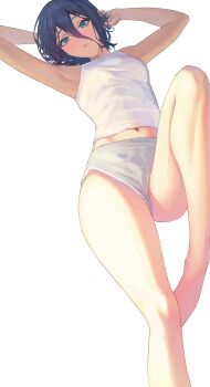 1girl absurdres armpits arms_up bare_arms bare_legs barefoot black_hair chainsaw_man circles_pen commentary crop_top green_eyes grey_panties hair_between_eyes highres long_hair_between_eyes looking_at_viewer navel panties reze_(chainsaw_man) simple_background solo underwear underwear_only white_background