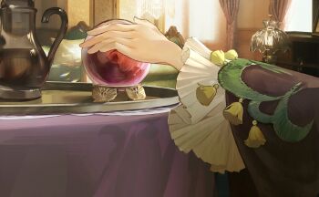 1girl beryl_bouanich black_cloak cloak crystal_ball curtains desk_lamp hand_focus highres indoors lamp official_art reverse:1999 solo table tablecloth teapot