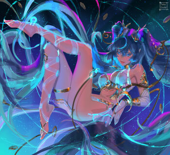 1girl armlet artist_name bare_shoulders barefoot blue_eyes blue_hair bra bracelet chain circlet coin commentary earrings english_commentary feet gold gold_armlet gold_bracelet gold_chain gold_choker gold_circlet gold_coin gold_earrings gold_hairband gold_necklace hairband half-sleeves high_ponytail highres iuno_(wuthering_waves) jewelry long_hair necklace paid_reward_available panties ponytail solo space tatti_art underwear variant_set very_long_hair white_bra white_panties wuthering_waves