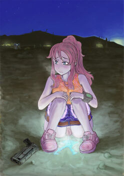 1girl bare_legs bare_shoulders belt blue_eyes blush breath brown_belt cactus character_request clothes_pull cutoffs desert dot_nose embarrassed fallout fallout:_new_vegas gun handgun high_ponytail highres looking_to_the_side night nuka-cola nuka-cola_quantum outdoors panties panty_pull peeing pink_hair pip-boy pistol ponytail pubic_hair pussy robot shorts shorts_pull sky squatting uncensored underwear weapon