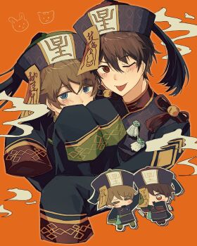 2boys ;p black_hat black_shirt blue_eyes blush brown_hair chibi chibi_inset closed_mouth cropped_torso ensemble_stars! hair_between_eyes hands_up hat highres jiangshi long_sleeves looking_at_viewer male_focus morisawa_chiaki multiple_boys ofuda ofuda_on_head one_eye_closed red_eyes shirt short_hair sleeves_past_fingers sleeves_past_wrists takamine_midori tongue tongue_out yiwu&#039;erxi