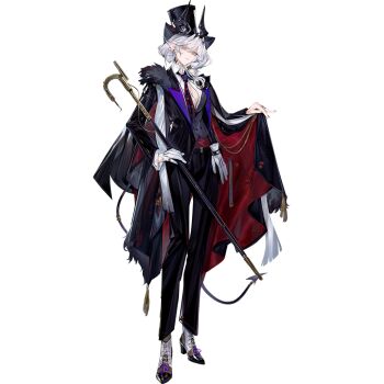 Rule 34 | 1girl, arknights, black cape, black hat, black horns, black jacket, black nails, black pants, black suit, blue necktie, buttons, cane, cape, cape lift, chuzenji, closed mouth, crownie (arknights), demon girl, demon horns, double-breasted, dress pants, dress shirt, formal clothes, full body, fur-trimmed cape, fur trim, gloves, hat, holding, holding cane, horns, horns through headwear, jacket, lapels, light smile, long hair, looking at viewer, material growth, multi-tied hair, necktie, official art, oripathy lesion (arknights), pant suit, pants, partially open shirt, peaked lapels, pink eyes, red cape, red necktie, sash, shirt, simple background, single unworn glove, solo, spool, standing, suit, suit jacket, tachi-e, third-party source, transparent background, two-sided cape, two-sided fabric, two-tone necktie, vest, waistcoat, white gloves, white hair, white sash, white shirt