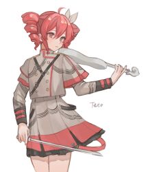1girl absurdres ahoge bow_(music) character_name chinese_commentary commentary_request cowboy_shot drill_hair frilled_skirt frills gagav52123 grey_jacket grey_skirt hair_between_eyes highres holding holding_bow_(music) holding_instrument holding_violin instrument jacket kasane_teto kasane_teto_(sv) layered_sleeves long_sleeves looking_at_viewer parted_lips pink_eyes pink_hair pleated_skirt short_hair short_over_long_sleeves short_sleeves simple_background skirt solo standing strap synthesizer_v twin_drills utau violin white_background