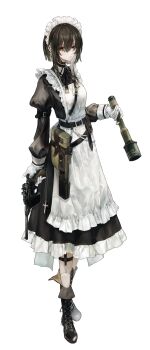 1girl absurdres apron black_boots black_dress black_hair boots dress explosive expressionless gloves green_eyes grenade gun handgun highres holding holding_gun holding_weapon long_sleeves maid maid_apron maid_headdress mauser_c96 original safutsuguon solo stielhandgranate weapon white_apron white_background white_gloves