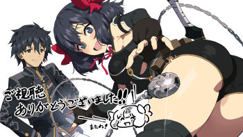 1boy 1girl armpit_crease ass belt belt_pouch black_eyes black_hair black_jacket black_shorts blush bow breasts chyko closed_mouth commentary_request dagger ear_piercing earrings fingerless_gloves gloves hair_between_eyes hair_bow hands_on_own_hips highres jacket jewelry knife krai_andrey leaning_forward looking_back medium_breasts nageki_no_bourei_wa_intaishitai neck_ribbon necklace open_mouth piercing pouch red_bow red_ribbon ribbon shiny_skin short_hair short_shorts shorts simple_background single_earring smile tino_shade translation_request weapon white_background