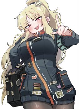 1girl :d anoon133 bag blonde_hair blush breasts brown_pantyhose commentary_request cowboy_shot dutch_angle green_sweater head_tilt high_ponytail highres large_breasts long_hair looking_at_viewer loose_hair_strand messy_hair open_mouth original pantyhose pointing pointing_at_viewer ponytail pouch red_eyes shoulder_bag sidelocks smile smug solo star_(symbol) star_ornament striped_clothes sweater teeth thick_thighs thighs upper_teeth_only vertical-striped_clothes very_long_hair zipper