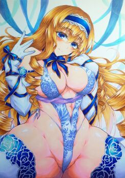 1girl abs blonde_hair blue_eyes blush bow breasts cecilia_alcott cleavage dress drill_hair garter_straps gloves hair_bow highres infinite_stratos large_breasts legs navel sitting smile solo spread_legs thick_thighs thighs thong traditional_media