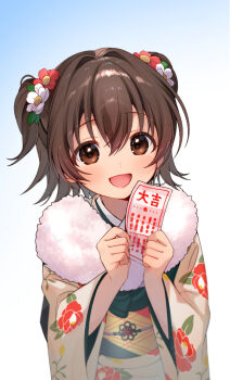 1girl :d akagi_miria blue_background brown_eyes brown_hair commentary_request floral_print floral_print_kimono flower fur-trimmed_kimono fur_trim gradient_background hair_flower hair_intakes hair_ornament idolmaster idolmaster_cinderella_girls japanese_clothes kimono long_sleeves looking_at_viewer medium_hair new_year obi omikuji open_mouth print_kimono red_flower sash smile solo two-tone_background two_side_up upper_body white_background white_flower wide_sleeves yellow_kimono zero7shi