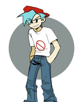 1boy backwards_hat blue_hair blue_pants boyfriend_(friday_night_funkin') denim enopth1102 friday_night_funkin' grin hands_in_pockets hat jeans looking_at_viewer male_focus no_entry_sign pants print_shirt red_hat road_sign shirt short_hair short_sleeves sign simple_background smile smug solo v-shaped_eyebrows white_shirt