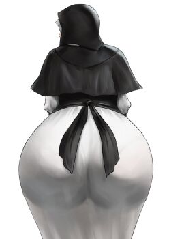 1girl ass ass_focus bent_over black_capelet black_gloves black_hood capelet elbow_gloves elden_ring elden_ring_nightreign erorange from_behind gloves looking_to_the_side nun see-through_clothes solo tight_clothes undertaker_(elden_ring) white_background white_coif
