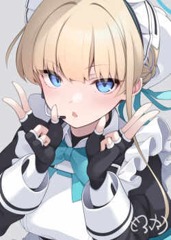 1girl apron black_dress black_gloves blonde_hair blue_archive blue_eyes blue_ribbon blush bun_cover commentary double_w dress fingerless_gloves gloves grey_background hair_between_eyes hair_bun hair_ribbon headset juliet_sleeves long_sleeves looking_at_viewer maid maid_headdress mofu_namako puffy_sleeves ribbon signature simple_background single_hair_bun solo toki_(blue_archive) upper_body w white_apron