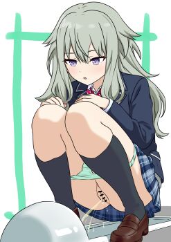 1girl bar_censor black_socks blazer blue_jacket blue_skirt brown_shoes censored commentary_request commission double-parted_bangs full_body green_panties grey_hair hands_on_own_knees highres jacket kneehighs kusanagi_nene loafers long_sleeves miniskirt panties panty_pull parted_lips pee peeing pixiv_commission plaid_clothes plaid_skirt project_sekai purple_eyes pussy senedesumusu-saik0-20o8 shoes skirt socks solo squat_toilet squatting toilet_use underwear white_background