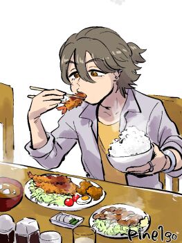 1boy bird blush brown_eyes brown_hair chair chicken chicken_(food) chopsticks collarbone earrings eating food fried_chicken hair_between_eyes half_updo holding holding_chopsticks jacket jewelry kazuma_(precure) kimi_to_idol_precure long_sleeves mature_male meal miso_soup multiple_earrings neck open_clothes open_jacket parted_bangs pineapple_1-gou plate precure rice ring shirt short_hair solo solo_focus soy_sauce soy_sauce_bottle table twitter_username