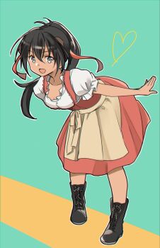 1girl alternate_costume black_boots black_eyes black_hair boots breasts german_clothes highres long_hair luminous_witches manaia_matawhaura_hato medium_breasts okeke_power_nishiko open_mouth ponytail simple_background solo standing world_witches_series