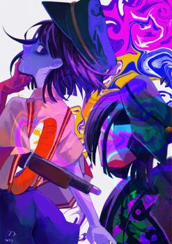 3girls black_hair blunt_bangs blunt_ends bob_cut colored_skin commentary drooling dual_persona ena:_dream_bbq ena_(dream_bbq) ena_(series) ena_(species) english_commentary green_ena green_hat gun hangover_ena hat highres hole_on_body mouth_drool multicolored_skin multiple_girls red_skin shirt short_sleeves split-color_skin surreal sweat two-tone_skin usagimarumei weapon