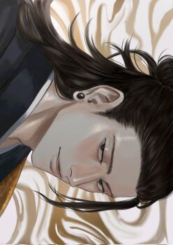 Rule 34 | 1boy, black eyes, black hair, commentary, corrupted twitter file, english commentary, getou suguru, hair pulled back, highres, japanese clothes, jujutsu kaisen, lips, long hair, male focus, ndsoda, nose, open mouth, plug (piercing), sideburns, sideways, solo