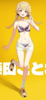 1girl ame_(uten_cancel) blonde_hair blush bow bow_panties bra braid breasts cleavage commentary fang french_braided_twintails fujita_kotone gakuen_idolmaster hair_ribbon highres idolmaster lace lace-trimmed_bra lace-trimmed_panties lace_trim long_hair looking_at_viewer low_twin_braids midriff navel no_shirt open_clothes open_fly open_mouth open_shorts panties purple_bra purple_panties ribbon short_shorts shorts skin_fang small_breasts smile sneezing socks solo standing standing_on_one_leg stomach twin_braids underwear v wavy_sidelocks white_shorts white_socks yellow_eyes