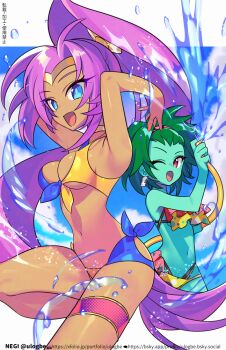 Rule 34 | 2girls, arms up, bare shoulders, beach, bikini, blue bikini, blue eyes, blue sky, breasts, choker, circlet, cleavage, colored skin, earrings, green hair, green skin, hair tubes, high ponytail, hoop earrings, hose, jewelry, long hair, looking at viewer, medium breasts, multiple girls, navel, negi (ulog'be), one eye closed, open mouth, pointy ears, ponytail, purple hair, red bikini, red eyes, rottytops, shantae, shantae (series), sky, smile, swimsuit, thighs, water, yellow bikini