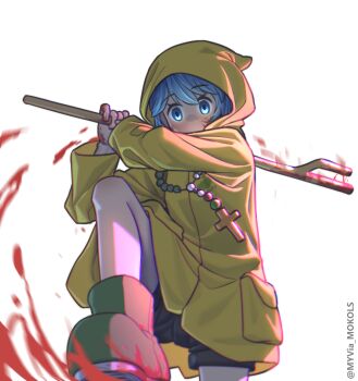 1girl bead_necklace beads black_shorts blood blood_on_clothes blood_on_face blood_on_hands blue_eyes blue_hair boots cane closed_mouth cross cross_necklace from_below from_side green_boots hitting holding holding_cane hood hood_up jewelry jubilee_2025 latin_cross long_sleeves looking_at_viewer luce_(jubilee_2025) myvia_mokols necklace pocket raincoat rosary rubber_boots short_hair shorts simple_background solo white_background yellow_raincoat