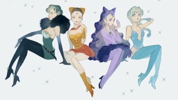 Rule 34 | 4girls, aqua hair, arm up, belt, beruche (sailor moon), bishoujo senshi sailor moon, bishoujo senshi sailor moon r, black footwear, black moon clan, breasts, breasts apart, brown hair, calaveras (sailor moon), character request, check character, cone hair bun, crescent, crescent facial mark, facial mark, green eyes, green hair, hair bun, high heels, highres, invisible chair, knees up, koan (sailor moon), long hair, long sleeves, medium breasts, mu mashu, multiple girls, orange eyes, orange shoes, orange skirt, pantyhose, petz (sailor moon), profile, purple eyes, purple hair, shoes, sitting, skirt, very long hair