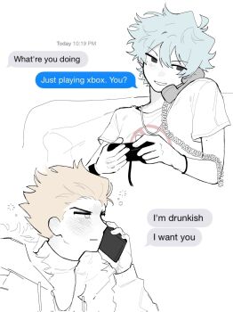 2boys blue_hair boyfriend_(friday_night_funkin') commentary controller corded_phone cradling_phone drunk english_text friday_night_funkin' game_controller highres holding holding_phone imessage male_focus mole mole_under_eye multiple_boys muted_color no_symbol orange_hair pct_fresh phone pico_(newgrounds) pico_(newgrounds_series) screenshot_inset speech_bubble squeans talking_on_phone untranslatable_commentary white_background wire yaoi