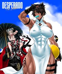 1boy 1other 2girls abs absurdres alternate_hair_length alternate_hairstyle animal_ears arm_strap bandaid bandaid_on_cheek bandaid_on_face biceps bikini black_bikini black_gloves breasts cape cat_ears cat_tail character_request cleavage clenched_hand covered_abs covered_erect_nipples dark-skinned_female dark_skin desperado_(yotaro) double_bun dress eyepatch eyewear_on_head fang food gloves hair_bun highres holster jack_crimson large_breasts leg_tattoo mao_(yotaro) medium_breasts multiple_girls muscular muscular_female narrow_waist one-eyed over-rim_eyewear panda parasol partially_fingerless_gloves pointing pointing_forward popsicle pouch red_cape sandals semi-rimless_eyewear shading_eyes side_slit skin_tight slit_pupils solo_focus summer sunglasses sweat swimsuit tachibana_rikka tail tail_ornament tail_ring tattoo teeth thick_thighs thigh_holster thigh_pouch thighs umbrella upper_teeth_only white_dress wide_hips yellow_eyes yotaro