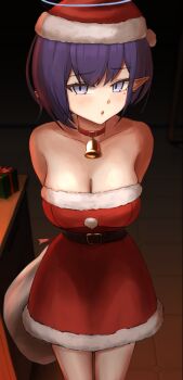 1girl absurdres aoi_(blue_archive) arms_behind_back bell blue_archive blue_eyes blue_halo blush box breasts christmas cleavage collar commentary cowboy_shot dark_room dress flambe_(tyoitohikkosi07) fur-trimmed_dress fur_trim gift gift_box halo hat highres holding holding_sack large_breasts looking_at_viewer mole mole_under_eye neck_bell pointy_ears purple_hair red_collar red_dress sack santa_costume santa_dress santa_hat short_hair solo standing strapless strapless_dress