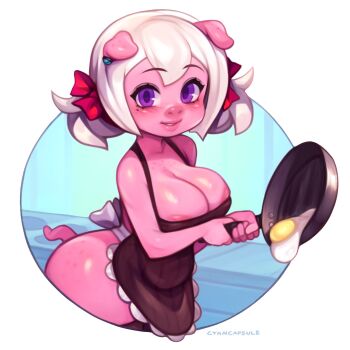 1girl animal_ears apron areola_slip ass_freckles body_freckles breasts chest_freckles colored_skin commentary cowboy_shot cyancapsule dropping emelie_(cyancapsule) english_commentary falling_food freckles fried_egg frying_pan furry furry_female highres holding holding_frying_pan large_breasts looking_at_viewer low_twintails mole mole_under_eye naked_apron original parted_lips pig_ears pig_girl pig_nose pig_tail pink_skin purple_eyes short_hair short_twintails smile solo tail twintails white_hair