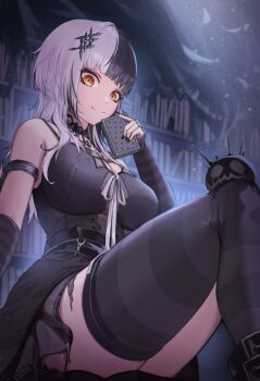 1girl arm_strap belt black_belt black_choker black_dress black_hair black_nails blob book bookshelf breasts chest_belt choker cleavage closed_mouth dress feet_out_of_frame fingernails grey_hair hair_ornament hashtag-only_commentary holding holding_book hololive hololive_english indoors knees_up lace lace_choker large_breasts long_fingernails long_hair looking_at_viewer multicolored_hair nail_polish nomysuu shiori_novella shiori_novella_(1st_costume) single_thighhigh sitting sleeveless sleeveless_dress smile solo split-color_hair split_mouth streaked_hair striped_arm_warmers striped_clothes striped_thighhighs thighhighs thighs two-tone_hair virtual_youtuber yellow_eyes yorick_(shiori_novella)