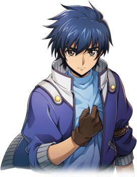 1boy blue_eyes blue_jacket blue_shirt brown_eyes brown_gloves closed_mouth code_geass code_geass:_lost_stories commentary_request f4samurai game_cg gloves jacket kushinada_souma official_art open_clothes open_jacket shirt short_hair solo