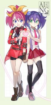 2girls :d alternate_hairstyle bike_shorts bike_shorts_under_skirt black_shirt black_shorts black_thighhighs bracelet brown_gloves brown_shoes closed_mouth commentary_request cosplay costume_switch facing_viewer fingerless_gloves gloves green_eyes hair_between_eyes hair_ornament hair_ribbon hairstyle_switch heart heart_hands heart_hands_duo highres hiiragi_yuzu hiiragi_yuzu_(cosplay) holding_hands interlocked_fingers jacket jewelry looking_at_another mechakucha multiple_girls necktie open_clothes open_jacket open_mouth pink_hair pink_necktie pink_shoes ponytail purple_eyes purple_hair red_jacket red_skirt ribbon serena_(yu-gi-oh!) serena_(yu-gi-oh!)_(cosplay) shirt shoes shorts single_glove skirt sleeveless sleeveless_shirt smile thighhighs twintails yellow_ribbon yu-gi-oh! yu-gi-oh!_arc-v