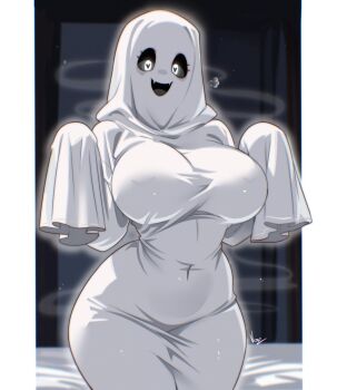 1girl border breasts commentary covered_navel cowboy_shot english_commentary eyelashes fangs ghost_costume ghost_pose heart heart-shaped_pupils highres large_breasts looking_at_viewer open_mouth original outside_border pillarboxed smile solo symbol-shaped_pupils vizaz white_border