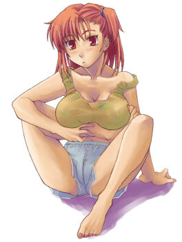 Rule 34 | 1girl, barefoot, blue (ao maru), boxers, breasts, feet, female focus, huge breasts, male underwear, original, red eyes, red hair, see-through clothes, simple background, sitting, solo, tank top, underwear, white background