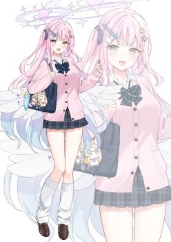 1girl blue_archive cardigan halo long_hair mika_(blue_archive) mochiko_(uyu_omochi) pink_hair seia_(blue_archive) socks solo white_socks white_wings wings