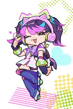 Rule 34 | 1girl, animal ear headphones, animal ears, cat ear headphones, cat ears, chibi, chibi only, commentary request, dress, fake animal ears, fingerless gloves, gloves, headphones, heart, juno (overwatch), knee pads, looking at viewer, multicolored hair, one eye closed, open mouth, overwatch, pink hair, purple hair, ribbon, short hair, tsunami (hagoromo27)