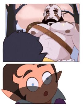0_0 2boys 2koma abs bald bara bare_pectorals bare_tree beard blue_eyes blue_skin boob_shadow_(meme) brown_hair chest_harness chibi colored_skin comic critical_role dark-skinned_male dark_skin dungeons_&amp;_dragons facial_hair gnome grog_strongjaw harness head_tattoo large_pectorals long_sideburns male_focus mature_male meme multiple_boys muscular muscular_male mustache navel nipples pectorals raised_eyebrows scanlan_shorthalt shoulder_tattoo sibi2028_boob_shadow_(meme) sideburns size_difference sparkle stomach tattoo the_legend_of_vox_machina thick_eyebrows tree upper_body venkman_(venkpng) yaoi