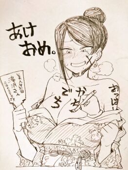 1girl asymmetrical_bangs bare_shoulders bijin_onna_joushi_takizawa-san black_eyes black_hair blush body_writing breasts brush collarbone disembodied_hand earrings embarrassed female_focus heavy_breathing japanese_clothes jewelry kimono large_breasts long_bangs looking_down mole mole_under_mouth monochrome parted_bangs pen_(medium) sagging_breasts sarashi simple_background smile solo solo_focus takizawa_kyouko traditional_media upper_body white_background yan-baru