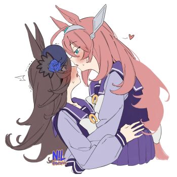 Rule 34 | 2girls, ahoge, animal ears, blue eyes, blue flower, blue hat, blue rose, blush, bow, bowtie, breasts, brown hair, flipped hair, flower, grey hairband, hair between eyes, hair over one eye, hairband, hashtag-only commentary, hat, hat flower, heart, highres, horse ears, horse girl, horse tail, long hair, long sleeves, mihono bourbon (umamusume), multiple girls, nillith, open mouth, pleated skirt, purple eyes, purple sailor collar, purple serafuku, purple shirt, purple skirt, rice shower (umamusume), rose, sailor collar, sailor shirt, school uniform, serafuku, shirt, silver hairband, simple background, skirt, sweat, tail, tilted headwear, tracen school uniform, umamusume, white background, white bow, white bowtie, yuri