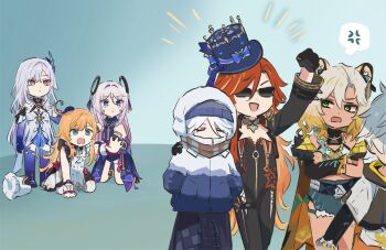 Rule 34 | 1boy, 6+girls, anger vein, animal ears, aqua eyes, bennett (adventures in blazing hue) (genshin impact), bennett (genshin impact), black gloves, blonde hair, blue hands, citlali (genshin impact), closed eyes, commentary, crying, crying with eyes open, escoffier (genshin impact), furina (genshin impact), genshin impact, gloves, hair between eyes, headpat, highres, jaguar ears, jaguar girl, kneeling, long sleeves, looking at another, mavuika (genshin impact), multiple girls, open mouth, pink hair, reaching, red hair, skirk (genshin impact), spoken anger vein, tearing up, tears, untranslatable commentary, white wrist cuffs, winter clothes, wrist cuffs, xilonen (genshin impact), xinzoruo