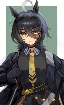 1girl ahoge animal_ears black_hair ear_ornament ear_tag earrings hair_between_eyes hem_peeking_out horse_ears horse_girl jewelry long_bangs long_hair long_hair_between_eyes long_sleeves looking_at_viewer manhattan_cafe_(creeping_black)_(umamusume) manhattan_cafe_(umamusume) multicolored_hair necktie shirt single_earring solo sui_sui0510 umamusume very_long_hair white_hair yellow_eyes yellow_necktie