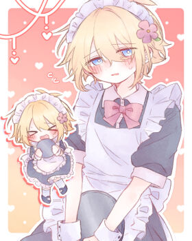 Rule 34 | > <, 1boy, alternate costume, antenna hair, apron, back bow, bare arms, basil (faraway) (omori), basil (omori), black dress, black shoes, blonde hair, blue eyes, blush, border, bow, bowtie, buttons, closed eyes, collared dress, commentary request, contrast collar, crossdressing, crossdressing (mtf), double-parted bangs, dress, enmaided, flower, flying sweatdrops, frilled apron, frilled dress, frills, gradient background, hair between eyes, hair flower, hair ornament, headdress, heart, heart background, highres, holding, holding tray, kneehighs, leaf, maid, maid apron, maid headdress, male focus, mary janes, medium dress, mimi utlove, nose blush, omori, open mouth, outline, outside border, pink flower, puffy short sleeves, puffy sleeves, raised inner eyebrows, red background, red bow, red bowtie, shoes, short hair, short sleeves, sidelocks, simple background, socks, solo, sweatdrop, tray, upper body, v arms, white apron, white border, white headdress, white outline, white socks, wristband, yellow background