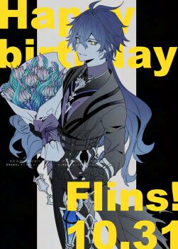 1boy antenna_hair belt black_belt black_coat blue_hair bouquet character_name coat commentary_request crossed_bangs dated double-parted_bangs english_text flins_(genshin_impact) flower genshin_impact hair_between_eyes happy_birthday highres holding holding_bouquet holding_lantern lantern long_hair long_sleeves looking_to_the_side male_focus sideways_glance smfj_f smile solo standing watermark yellow_eyes