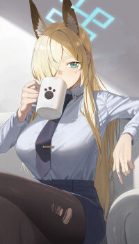 Rule 34 | 1girl, absurdres, animal ear fluff, animal ears, black pantyhose, blonde hair, blue archive, blue eyes, blue halo, blue necktie, blue shirt, blue skirt, blush, coffee mug, collared shirt, commentary request, crossed legs, cup, dog ears, dog girl, extra ears, hair over one eye, halo, highres, holding, holding cup, kanna (blue archive), long hair, mm (mhm2592), mug, necktie, pantyhose, shirt, sitting, skirt, solo, torn clothes, torn pantyhose
