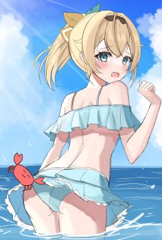 1girl ass back bare_shoulders bikini black_hairband blonde_hair blue_bikini blue_eyes blue_sky blush bow cloud cloudy_sky cowboy_shot crab crossed_bangs day from_behind hair_bow hair_intakes hair_ornament hairband hand_up highres hololive horizon kazama_iroha leaf_hair_ornament light_rays looking_at_viewer looking_back median_furrow ocean open_mouth ponytail ruffle_bikini shinonome_shino_(artist) short_hair sky solo standing sunbeam sunlight swimsuit tearing_up virtual_youtuber wading water yellow_bow