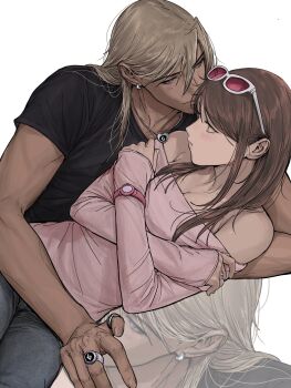 Rule 34 | 1boy, 1girl, ace attorney, amikoiiko, apollo justice: ace attorney, blonde hair, chain, chain belt, chain necklace, dark-skinned male, dark skin, ema skye, highres, index ring, jewelry, klavier gavin, necklace, thumb ring