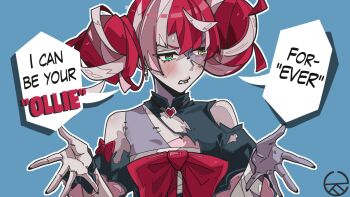 1girl atziid69 blush bow colored_skin double_bun dress english_text grey_hair grey_skin hair_bow hair_bun heterochromia highres hololive hololive_indonesia kureiji_ollie kureiji_ollie_(1st_costume) looking_at_viewer multicolored_hair open_mouth patchwork_skin pink_hair red_hair simple_background solo stitched_face stitches torn_clothes virtual_youtuber yellow_eyes zombie